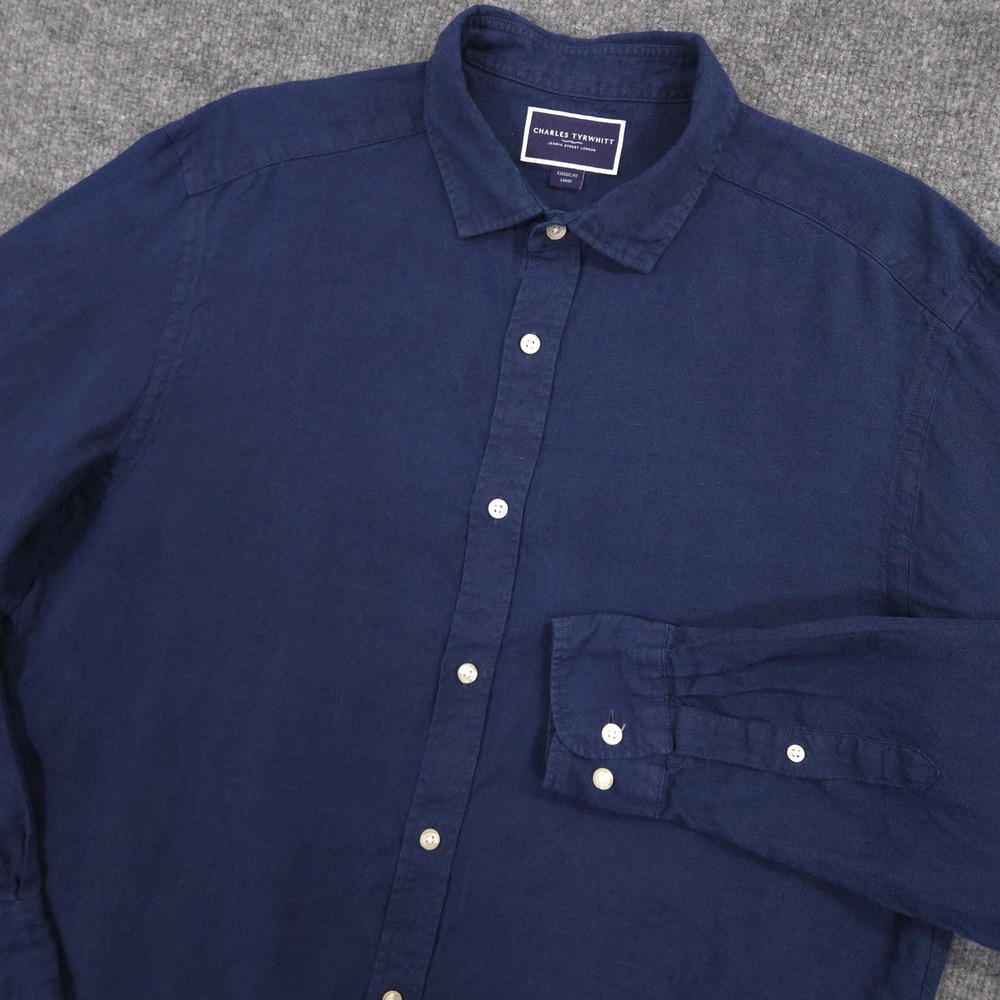 Charles Tyrwhitt Linen Shirt Mens L Navy Blue Classic Fit Long Sleeve Button Up